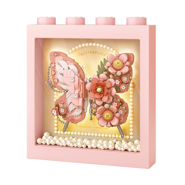 MEIEST Butterfly Picture Frame Building Blocks Set,Creative Flowers Building Set with Exquisite Frame,Fantasy Building Bricks Toys,Home Decor (Pink)