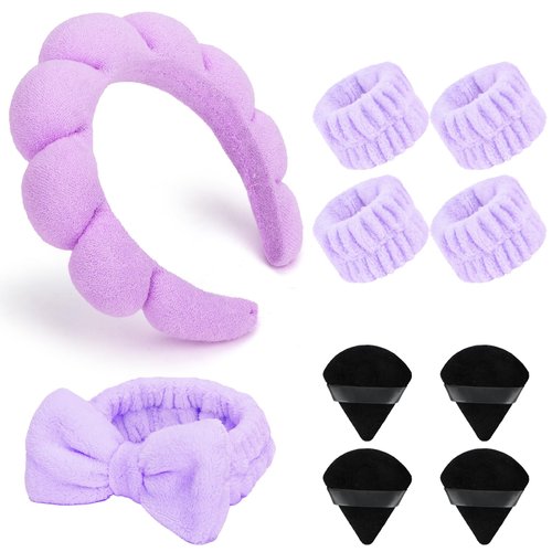Ondder 10 Pcs Spa Headband and Wristband Set with Poder Puffs Spa Headband for Washing Face Makeup Headbands Purple Bubble Headband Skin Care Face Wash Sponge Puffy Head Bands Headband for Women Girls