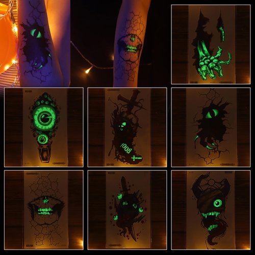 Fssqii 7 Sheets Luminous Halloween Temporary Tattoos for Women Men Kids Glow 3D Horror Skull Shoulder Half Arm Tattoos Stickers Scary Decorations Party Fake Tattoos Accessories for Halloween Cosplay