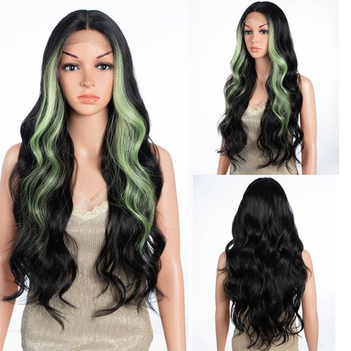 DÉBUT Skunk Stripe Long Wavy Lace Front Wigs Body Wave Natural Curls Synthetic Wig Black Mixed Green Color Hand Tied Middle Part Lace Front with Preplucked Hairline 26 Inch Wigs for Women