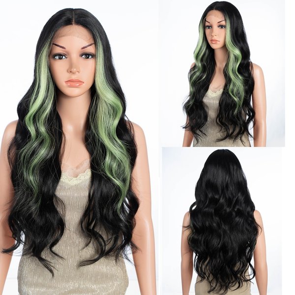 DÉBUT Skunk Stripe Long Wavy Lace Front Wigs Body Wave Natural Curls Synthetic Wig Black Mixed Green Color Hand Tied Middle Part Lace Front with Preplucked Hairline 26 Inch Wigs for Women