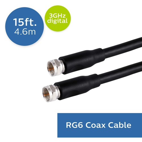 PHILIPS RG6 Dual Shield Coaxial Cable, 15 ft. Ideal for TV Antenna DVR VCR Satellite Cable, F-Type Connectors, 3Ghz Digital, Black, SWX9245A/27