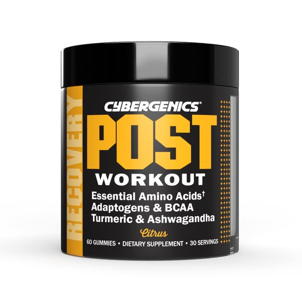 Cybergenics Post-Workout Gummies, Recovery Accelerator, Support Muscle Recovery & Joint Health, Essential Amino Acids, with Ashwagandha & Curcumin, BCAAs, Citrus Flavor, 60 Gummies, 30 Servings