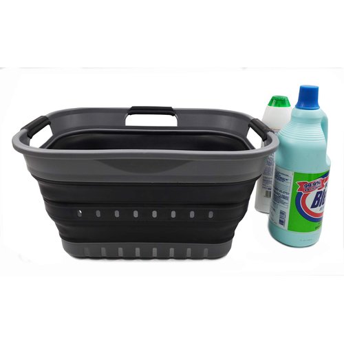 SAMMART 19L (5 gallon) Collapsible Super Mini 3 Handled Plastic Laundry Basket - Foldable Pop Up Storage Container/Organizer - Space Saving Hamper/Basket, (1, Grey/Black)
