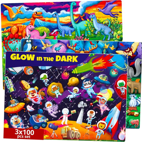 QUOKKA 3x100 Piece Puzzles for Kids Ages 6-8 – Glow-in-The-Dark Puzzles for Kids 8-10 | Space, Dinosaurs, Animals | Fun Educational Puzzles for Boys & Girls – Learning Games & Space Toys Gift for Kids