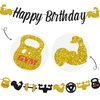 Gym Happy Birthday Banner Glitter Black and Gold Fitness Themed Birthday Banner for Men, Fitness Theme Birthday Decorations Weight Lifting Party Supplies