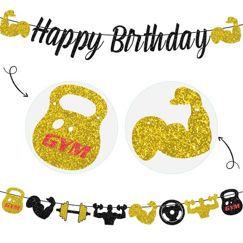 Gym Happy Birthday Banner Glitter Black and Gold Fitness Themed Birthday Banner for Men, Fitness Theme Birthday Decorations Weight Lifting Party Supplies
