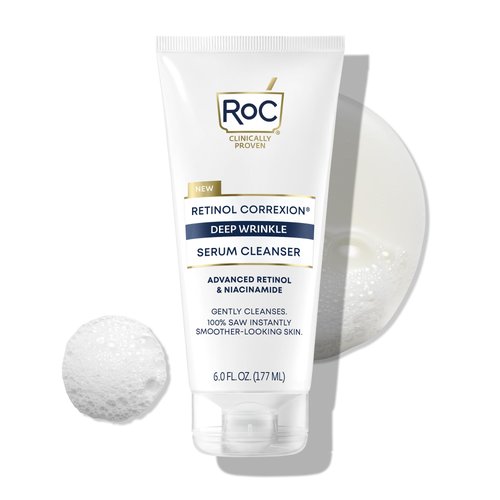 RoC Retinol Correxion Deep Wrinkle Serum Facial Cleanser with Niacinamide for Anti-Aging and Fine Lines, Long-Wear Makeup Remover, Fragrance Free Skin Care, Stocking Stuffers for Men & Women, 6 Ounces