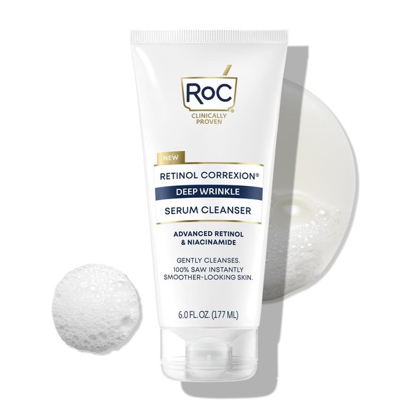 RoC Retinol Correxion Deep Wrinkle Serum Facial Cleanser with Niacinamide for Anti-Aging and Fine Lines, Long-Wear Makeup Remover, Fragrance Free Skin Care, Stocking Stuffers for Men & Women, 6 Ounces