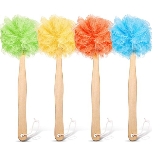 4 Pieces Loofah Bath Sponge on a Stick Long Handle Loofah Back Scrubber with Wooden Handle, Loofah Sponge Mesh Exfoliating Luffa Pouf Shower Body Brush for Women Men (Blue, Orange, Yellow, Green)