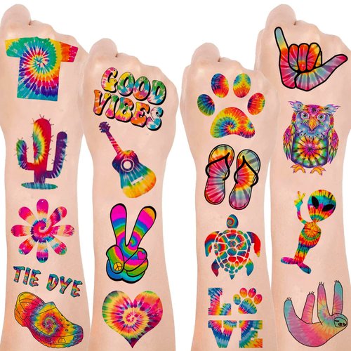 Tie Dye Party Favor 192PCS Tie Dye Temporary Tattoos Stickers 16 Sheet Body Art Fake Tattoos for Tie Dye Birthday Party Decorations supplies for Kids Boys Girls Carnival Rewards