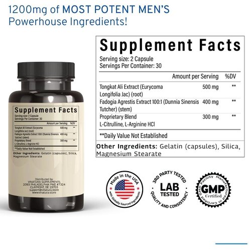 Tongkat Ali Fadogia Agrestis - 1200mg, Enhanced with Nitric Oxide Booster Supplement, Longjack Tongkat Ali for Men, *USA Made and Tested*, 60 Capsules