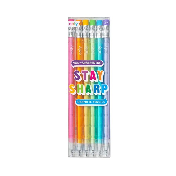 Ooly Stay Sharp Non-Sharpening No. 2 Graphite Pencils - Refillable Pencil Lead with Eraser - Rainbow Colors - Set of 6