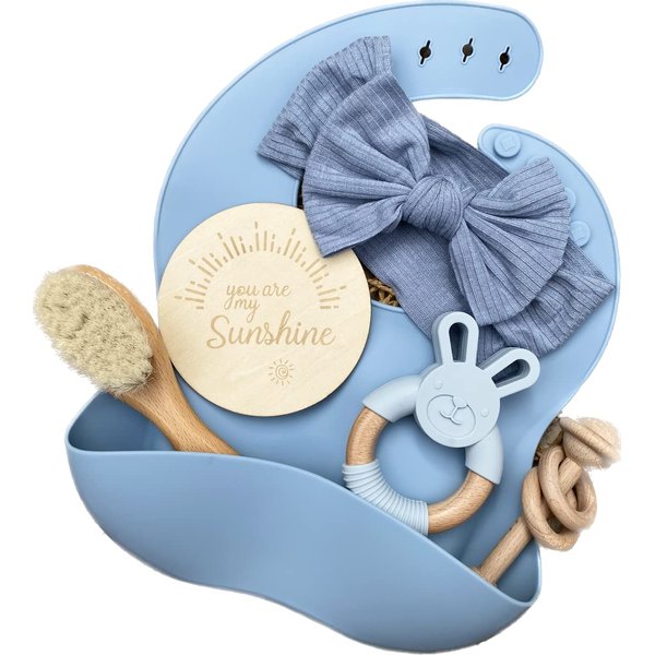 6 pc Baby Toddler Gift Combo Silicone Bib Wooden Rattle Teether Hair Brush Milestone Disc Hair Bow Blue