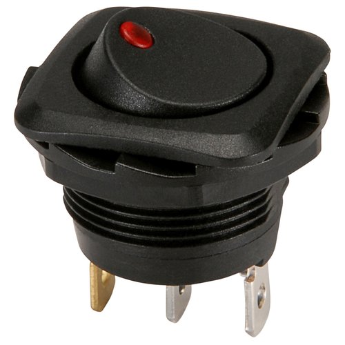 NTE Electronics 54-645 Round Hole Illuminated Rocker Switch, Square Bezel, SPST Circuit, ON-None-Off Action, Nylon Red LED Actuator, 0.187" Quick Connect Terminals, 20A, 12V,Black