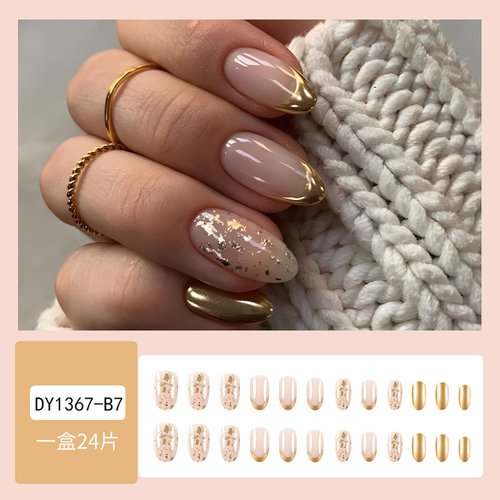Gold Press on Nails French Tip Fake Nails Almond Nails Press on Gold Foil Designs False Nails Glossy Acrylic Nails Full Cover Glue on Nails Almond Shape French Tip Nails for Women Manicure, 24Pcs