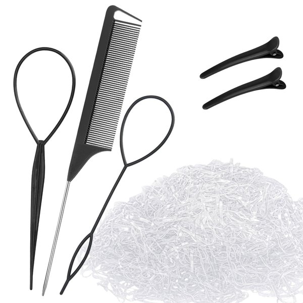 CZZXI 1000pcs Small Clear Hair Elastics with Topsy Turvy Hair Tool Rat Tail Comb Duckbill Clips, Ponytail Accessorie for Toddlers, Girl, Women