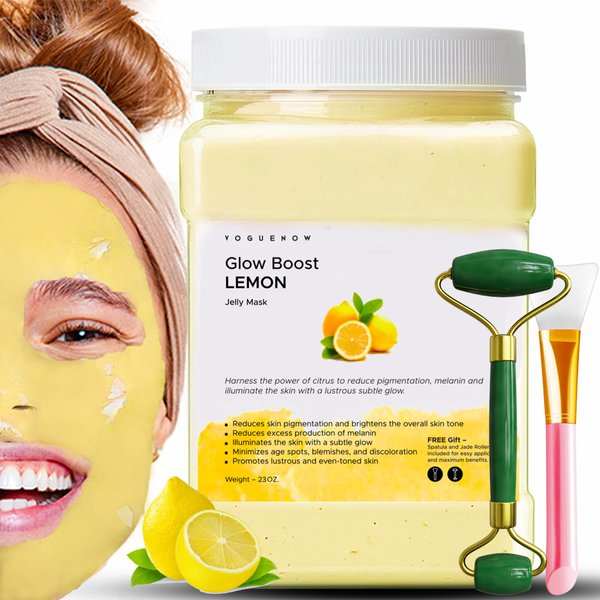Lemon Jelly Face Mask for Facials - 23 Oz Jar with Free Jade Roller & Spatula | DIY & Professional Hydrojelly Masks | Vajacial | Skin Moisturization Brightening & Nourishment | Easter Gifts for Adults
