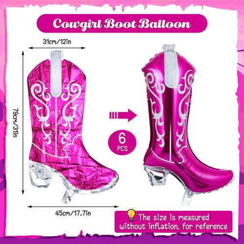 Wettarn 6 Pcs Cowgirl Boot Balloons 30 Inch Cowgirl Balloons Foil Balloon for Last Rodeo Bachelorette Party, Cowgirl Birthday Decorations and Party Supplies (Pink)