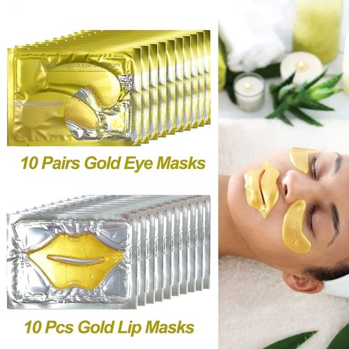 KlsyChry 24K Gold Gel Crystal Collagen Eye and Lip Mask Set, 10 Pairs Gold Eye Mask & 10 Pcs Gold Lip Mask for Moisturizing, Anti Wrinkle, Anti-Aging Hydrating Lip Patches and Under Eye Gel Pads
