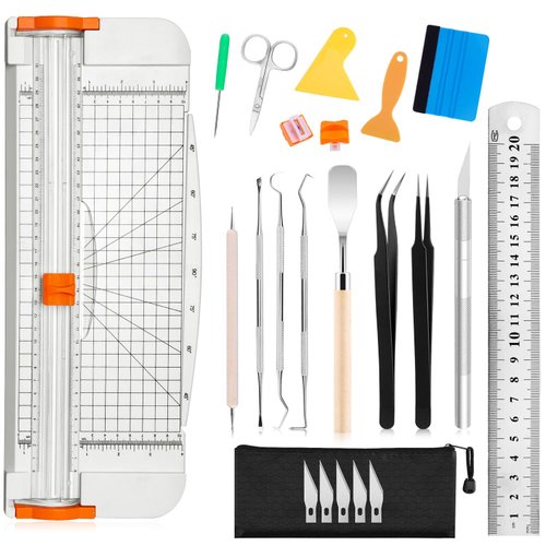 Famomatk 23PCS Weeding Tools for Vinyl, Craft Weeding Tools Set with 12Inch Paper Cutter and Trimmer for Scrapbooking,Silhouettes,Cameos,Lettering,Cutting,Craft Paper, Labels and Cardstock(White)