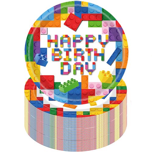 HSPAIDYP 50Pcs Building Block Paper Plates Building Block Party Supplies,7" Colorful Building Block Dessert Plates Building Block Birthday Plates for Colorful Blocks Birthday Party Decorations