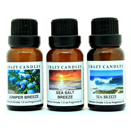 Crazy Candles 3 Bottles Set, 1 Juniper Breeze, 1 Sea Salt Breeze, 1 Sea Breeze 1/2 Fl Oz Each (15ml) Premium Grade Scented Fragrance Oils