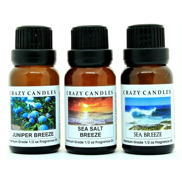 Crazy Candles 3 Bottles Set, 1 Juniper Breeze, 1 Sea Salt Breeze, 1 Sea Breeze 1/2 Fl Oz Each (15ml) Premium Grade Scented Fragrance Oils