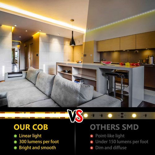 EMITEVER COB LED Strip Lights Warm White, 3000K Tape Light 32.8ft Premium High Density, DC 24V, 300+Lumens/ft, 4800LEDs/Spool, Ra 90+, 3W/ft, UL Listed 5 Year Warranty (Power Supply Sold Separately)