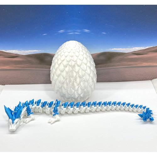 3D Printed Crystal Dragon with Dragon Egg, Full Articulated Dragon, White and Blue Crystal Dragon, Executive Desk Toy, Fidget Toys for Autism/ADHD D062WB
