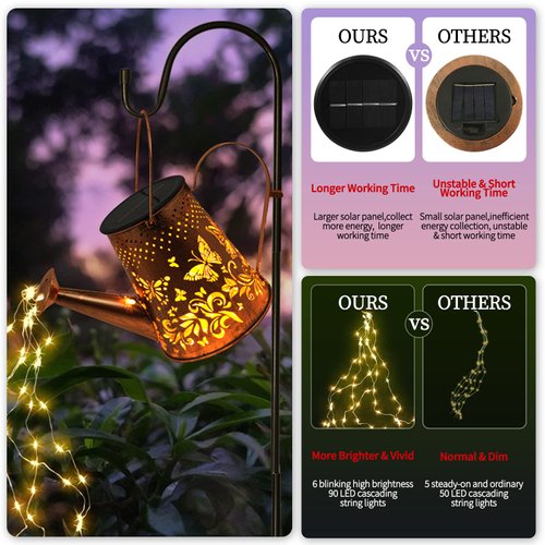 Anordsem Solar Garden Light for Outdoor Decor, Watering Can Butterfly Lantern with 6 LED String Cascading Lights, Backyard Yard Fence Lawn Decorations, Auto ON/Off & Waterproof