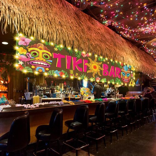 OuMuaMua Hawaiian Tiki Party Decorations, Luau Tiki Decorations Banner, Tiki Bar Sign with Lights for Summer Aloha Moana Hawaii Luau Party Decorations, Tropical Birthday Beach Pool Party Supplies