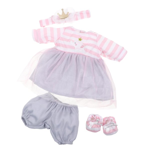 JC Toys | Berenguer Boutique | Baby Doll Outfit | Pink Striped Dress with Tulle Skirt, Shorts, Headband, and Booties, Fits Dolls 14"- 16"