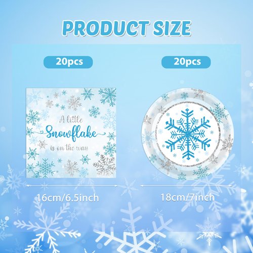 KHAIVI 40PCS Blue Snowflake Party Supplies Winter Wonderland Birthday Party Supplies Tableware Set Including Blue and Silver Snowflake Plates Napkins for Christmas Holiday Winter Parties