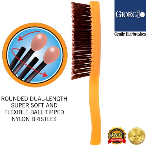 Giorgio GION2O Neon Orange 6.25 inch Gentle Touch Detangler Hair Brush for Men and Women. Soft Bristles for Sensitive Scalp. Wet and Dry for all Hair Types. Scalp Massager Brush Stimulate Hair Growth