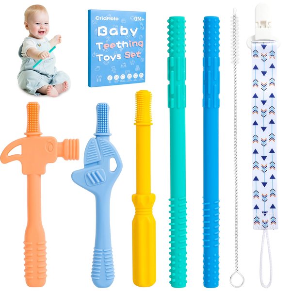 Hollow Teether Tube, Chew Straws for Toddlers 6-12 Months, BPA Free Silicone Baby Molar Teether Chew Toys, 5 Pack Teething Toys Hammer Wrench Shape Gift for Boys Girls