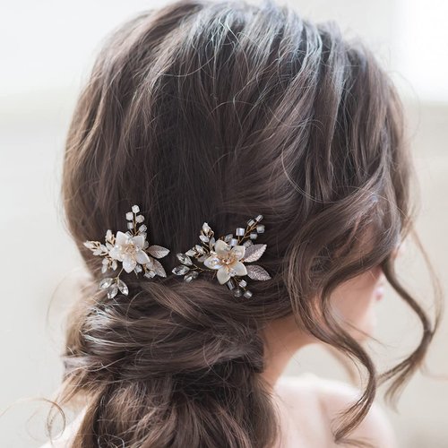 SWEETV Hair Pins for Brides, Handmade Beaded Wedding Hair Pieces for Brides Bridesmaid, Set of 2, 3.54 x 1.97 inches, White Ceramic Flower and Light Rose Gold Plated Leaves, Hair Clip