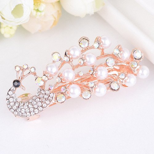 Womens Barrettes Women Crystal Simulated Pearl Peacock Barrettes Hairpins Elegant Animal Hair Clips Gold-color