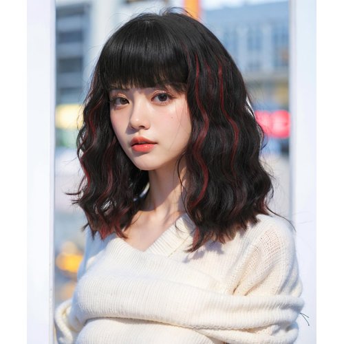 Veally Short Wavy Wig with Bangs for Women Shoulder Length Bob Curly Synthetic Wigs with Natural Wavy Black Mixed Wine Red Heat Resistant Wig for Daily Party Use (Black Mix Wine Red)