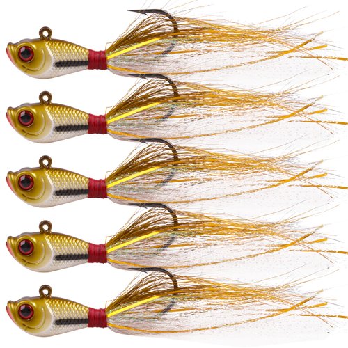 OROOTL Bucktail Jigs Saltwater Hair Jigs, 5pcs Bucktail Fishing Lures Surf Fishing Jigs Bucktail Hair Jigs for Bass Striper Flounder Snook Bluefish Halibut Redfish Fishing 1/4oz-2oz