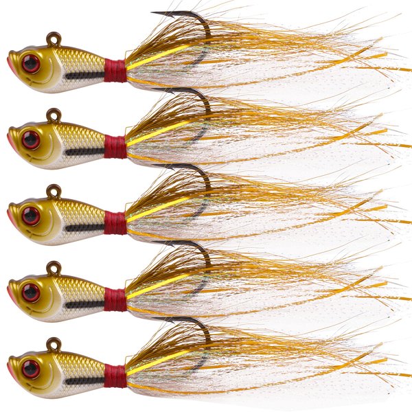 OROOTL Bucktail Jigs Saltwater Hair Jigs, 5pcs Bucktail Fishing Lures Surf Fishing Jigs Bucktail Hair Jigs for Bass Striper Flounder Snook Bluefish Halibut Redfish Fishing 1/4oz-2oz