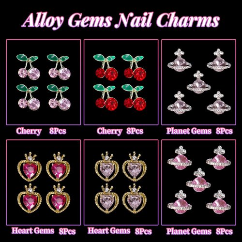 48Pcs 3D Planet Heart Cherry Nail Gems Charms, Metal Pink Planet Heart Cherry Nail Art Rhinestones Shiny Gems Diamond Crystal Luxury for Nail Jewelry Making Crafts DIY Manicure Accessories