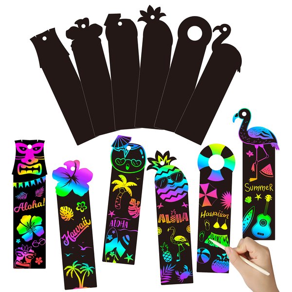 WATINC 60pcs Hawaiian Scratch Art Bookmarks for Kids, Hawaii Summer Party Favors Scratch Off Card Craft Kit, Magic Color Tropical Luau Pineapple Flamingo DIY Classroom School Drawing Paper