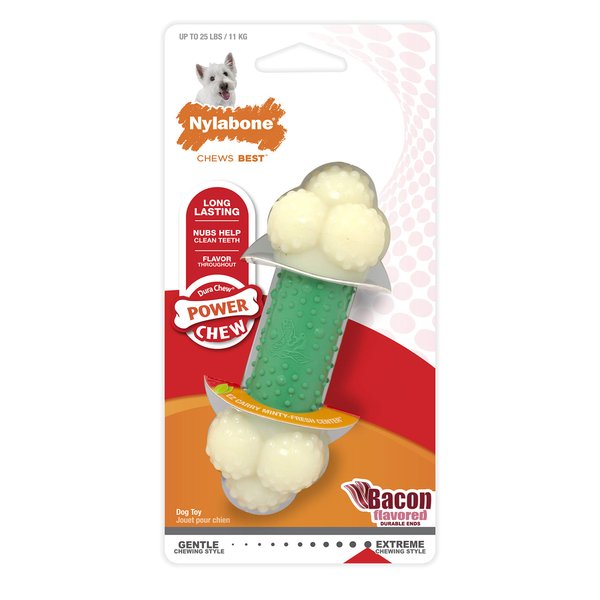Nylabone Power Chew Double Action Barbell Bone Chew Toy, Durable Dog Toy, Bacon Flavor, Small - Up to 25 lbs. (1 Count)