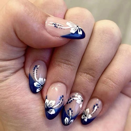 24Pcs Acrylic Press on Nails Almond Medium, 24Pcs French Fake Nails Spring Summer Trendy, Glossy Floral Pattern False Nails, Full Cover Stick on Nails Reusable Cute Glue on Nails for Women Girls
