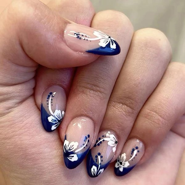 24Pcs Acrylic Press on Nails Almond Medium, 24Pcs French Fake Nails Spring Summer Trendy, Glossy Floral Pattern False Nails, Full Cover Stick on Nails Reusable Cute Glue on Nails for Women Girls