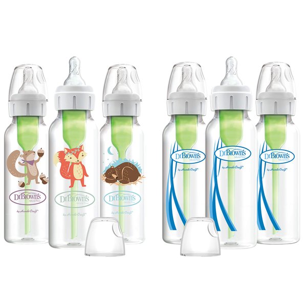 Dr. Brown’s Natural Flow® Anti-Colic Options+™ Narrow Baby Bottles 8 oz/250 mL, with Level 1 Slow Flow Nipple, 6 Pack, 0m+ Woodland Animals Gift Set