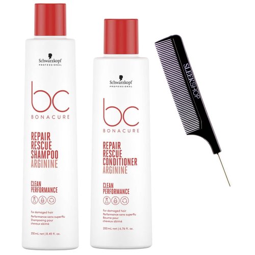 Schwarzkapf BC Bonocure REPAIR RESCUE Arginine Shampoo & Conditioner DUO SET for Damaged Hair, Newest 2024-2025 Formula (w/ SIeekshop Steel Pin Rat Tail Comb) Clean Hair Performance, Vegan (8.45 oz + 6.76 oz DUO KIT)