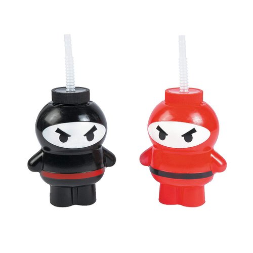 Fun Express Set of 12 Pieces Ninja Cups with Flexible Straws, Holds 20 oz, BPA Free Plastic, Birthday Party supplies, Black & Red