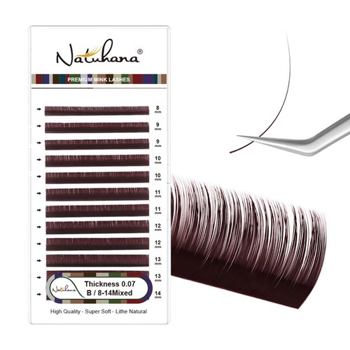 NATUHANA Colored Eyelash Extensions 0.07mm B Curl 8-14mm Mixed Tray Color Lash Supplies Individual Classic Colorful Lash Extensions Dark Brown Volume Lash Extensions (Burgundy;0.07 B, 8-14 MIX)